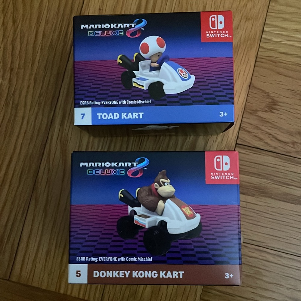 2024 McDONALD'S MARIO KART 8 TOYS Toad Kart #7 & Donkey Kong Kart #5 BOTH NEW